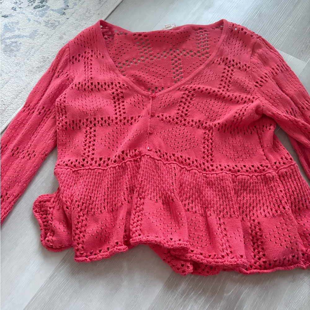 Pilcro Coral Openwork V-Neck Sweater